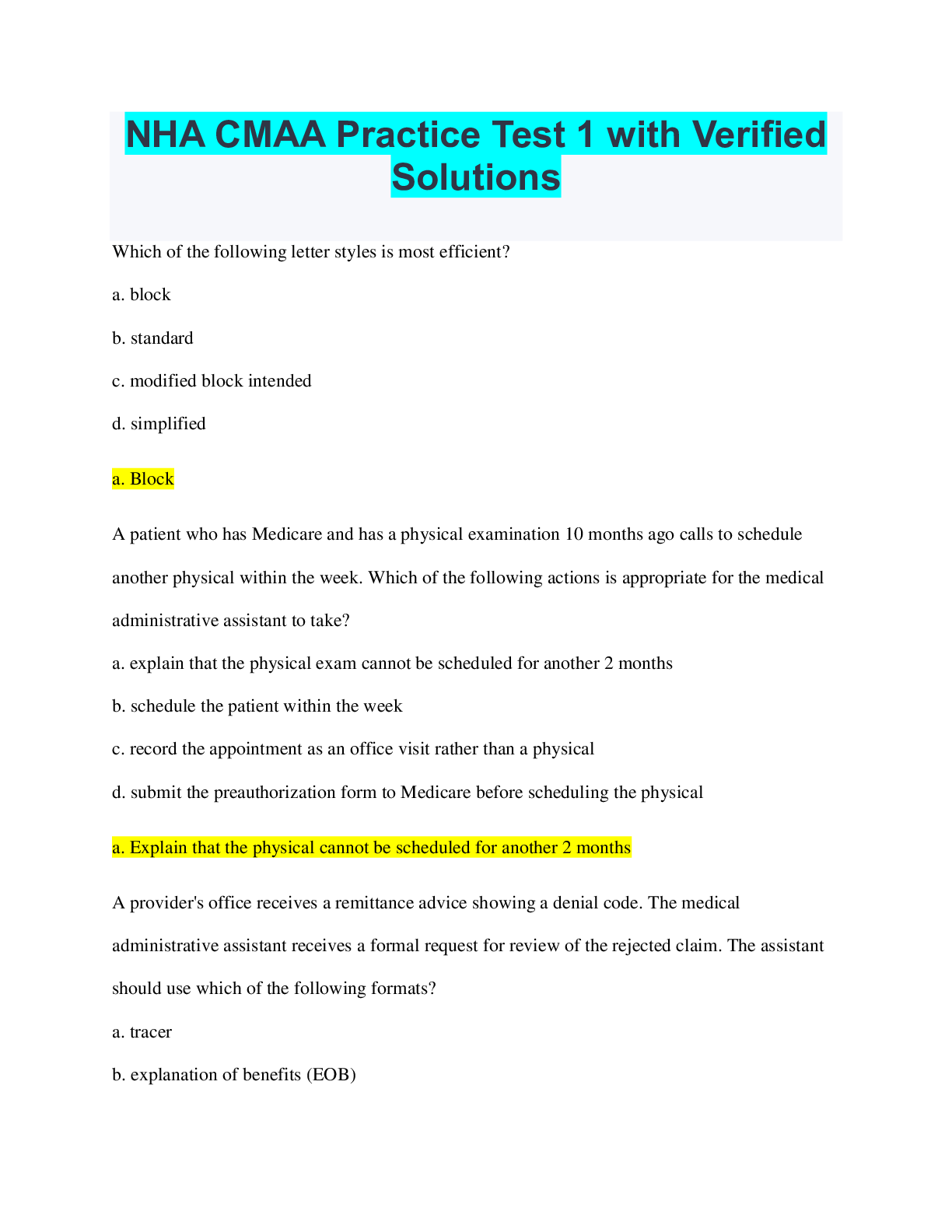 Preview of NHA CMAA Practice Test 1 with Verified Solutions